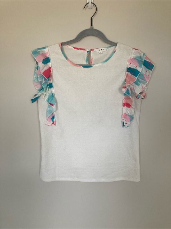 THML Tops - THML Women’s S Top Shirt Blouse Flutter Pleated Sleeve White Multicolor Boho